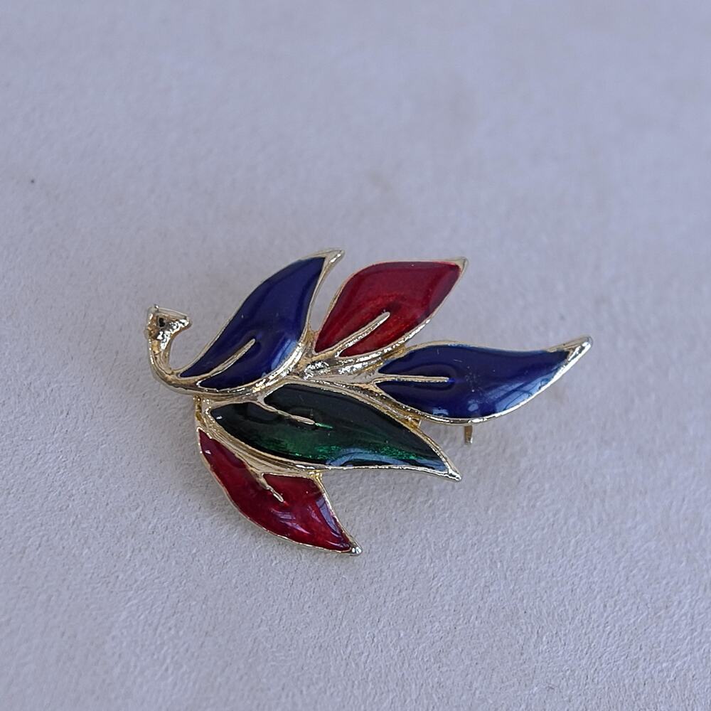 Vintage Enamel Scatter Pin Branch Leaves Red Blue Green Gold Mid Century